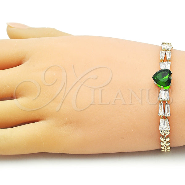 Pulsera Elegante 03.283.0304.2.07 Oro Laminado, Diseño de Corazón y Baguette, con Verde and Blanca Zirconia Cubica, Pulido, Tono Dorado (05 MM Thickness, 7 Inches Length)