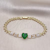 Pulsera Elegante 03.283.0304.2.07 Oro Laminado, Diseño de Corazón y Baguette, con Verde and Blanca Zirconia Cubica, Pulido, Tono Dorado (05 MM Thickness, 7 Inches Length)