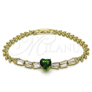 Pulsera Elegante 03.283.0304.2.07 Oro Laminado, Diseño de Corazón y Baguette, con Verde and Blanca Zirconia Cubica, Pulido, Tono Dorado (05 MM Thickness, 7 Inches Length)