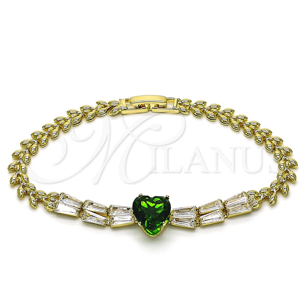 Pulsera Elegante 03.283.0304.2.07 Oro Laminado, Diseño de Corazón y Baguette, con Verde and Blanca Zirconia Cubica, Pulido, Tono Dorado (05 MM Thickness, 7 Inches Length)