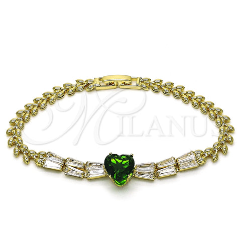 Pulsera Elegante 03.283.0304.2.07 Oro Laminado, Diseño de Corazón y Baguette, con Verde and Blanca Zirconia Cubica, Pulido, Tono Dorado (05 MM Thickness, 7 Inches Length)
