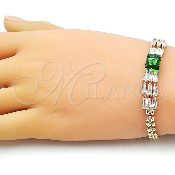 Pulsera Elegante 03.283.0305.3.07 Oro Laminado, Diseño de Baguette y Oja, con Verde and Blanca Zirconia Cubica, Pulido, Tono Dorado (05 MM Thickness, 7 Inches Length)