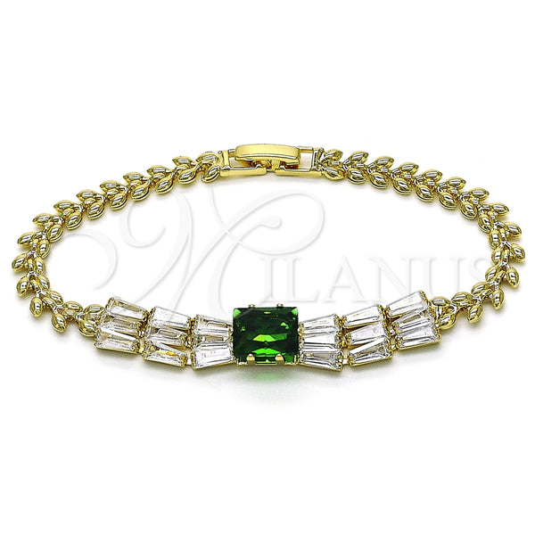 Pulsera Elegante 03.283.0305.3.07 Oro Laminado, Diseño de Baguette y Oja, con Verde and Blanca Zirconia Cubica, Pulido, Tono Dorado (05 MM Thickness, 7 Inches Length)