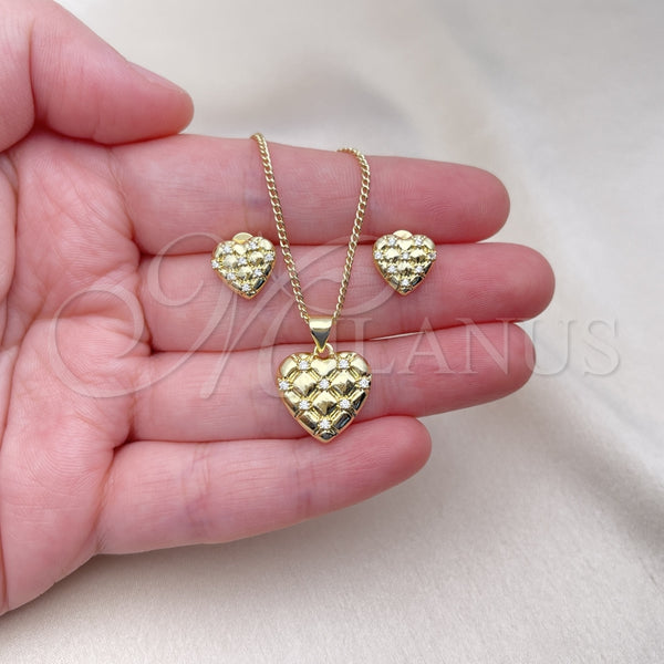 Juego de Arete y Dije de Adulto 10.156.0486 Oro Laminado, Diseño de Corazón, con Blanca Zirconia Cubica, Pulido, Tono Dorado