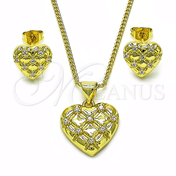 Juego de Arete y Dije de Adulto 10.156.0486 Oro Laminado, Diseño de Corazón, con Blanca Zirconia Cubica, Pulido, Tono Dorado