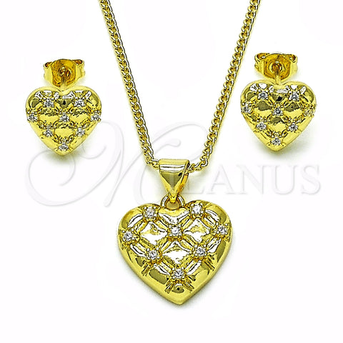 Juego de Arete y Dije de Adulto 10.156.0486 Oro Laminado, Diseño de Corazón, con Blanca Zirconia Cubica, Pulido, Tono Dorado