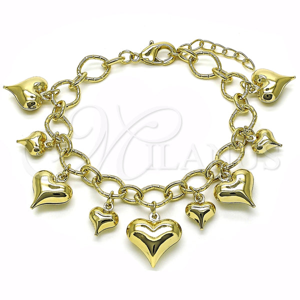 Pulsera de Dije 03.213.0255.07 Oro Laminado, Diseño de Corazón y Rolo, Pulido, Tono Dorado (Grosor 25 MM, 7 Pulgadas de Largo)