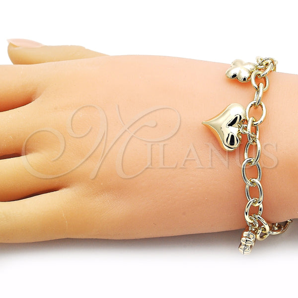 Pulsera de Dije 03.213.0256.07 Oro Laminado, Diseño de Rolo y Corazón, Pulido, Tono Dorado (Grosor 08 MM, 7 Pulgadas de Largo)