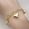 Pulsera de Dije 03.213.0256.07 Oro Laminado, Diseño de Rolo y Corazón, Pulido, Tono Dorado (Grosor 08 MM, 7 Pulgadas de Largo)