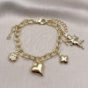Pulsera de Dije 03.213.0256.07 Oro Laminado, Diseño de Rolo y Corazón, Pulido, Tono Dorado (Grosor 08 MM, 7 Pulgadas de Largo)
