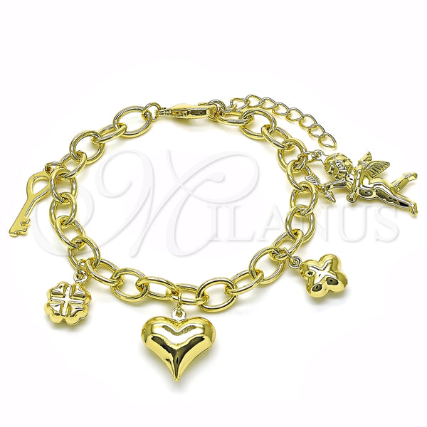 Pulsera de Dije 03.213.0256.07 Oro Laminado, Diseño de Rolo y Corazón, Pulido, Tono Dorado (Grosor 08 MM, 7 Pulgadas de Largo)