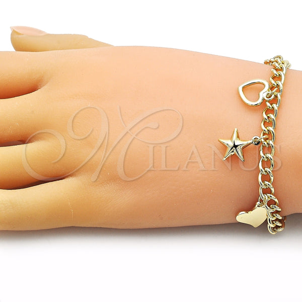 Pulsera de Dije 03.213.0257.07 Oro Laminado, Diseño de Miami Cubana y Corazón, Pulido, Tono Dorado (06 MM Thickness, 7 Inches Length)