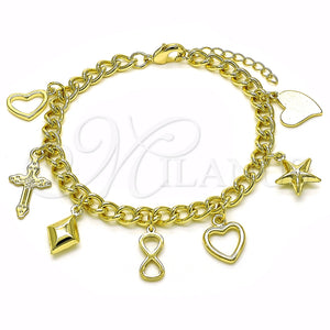 Pulsera de Dije 03.213.0257.07 Oro Laminado, Diseño de Miami Cubana y Corazón, Pulido, Tono Dorado (06 MM Thickness, 7 Inches Length)