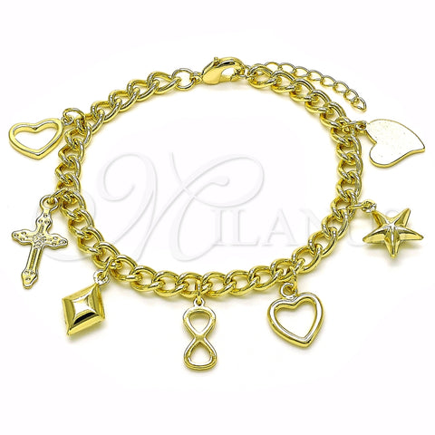 Pulsera de Dije 03.213.0257.07 Oro Laminado, Diseño de Miami Cubana y Corazón, Pulido, Tono Dorado (06 MM Thickness, 7 Inches Length)