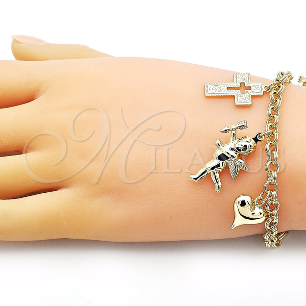 Pulsera de Dije 03.213.0258.07 Oro Laminado, Diseño de Rolo y Corazón, Pulido, Tono Dorado (Grosor 05 MM, 7 Pulgadas de Largo)
