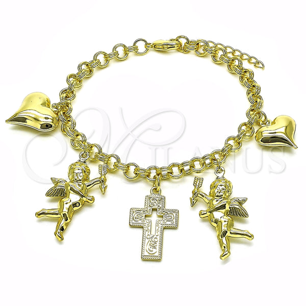 Pulsera de Dije 03.213.0258.07 Oro Laminado, Diseño de Rolo y Corazón, Pulido, Tono Dorado (Grosor 05 MM, 7 Pulgadas de Largo)