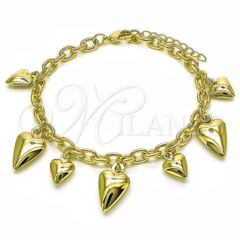 Pulsera de Dije 03.213.0259.07 Oro Laminado, Diseño de Corazón y Rolo, Pulido, Tono Dorado (05 MM Thickness, 7 Inches Length)