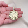 Dije Religioso 05.213.0137 Oro Laminado, Diseño de Moneda Centenario y Rope, con Zirconia Cubica Blanca, Pulido, Tono Dorado