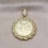 Dije Religioso 05.213.0137 Oro Laminado, Diseño de Moneda Centenario y Rope, con Zirconia Cubica Blanca, Pulido, Tono Dorado