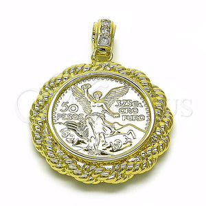 Dije Religioso 05.213.0137 Oro Laminado, Diseño de Moneda Centenario y Rope, con Zirconia Cubica Blanca, Pulido, Tono Dorado