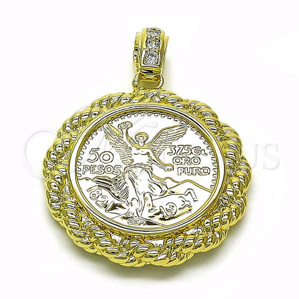 Dije Religioso 05.213.0137 Oro Laminado, Diseño de Moneda Centenario y Rope, con Blanca Zirconia Cubica, Pulido, Tono Dorado