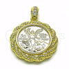 Dije Religioso 05.213.0137 Oro Laminado, Diseño de Moneda Centenario y Rope, con Blanca Zirconia Cubica, Pulido, Tono Dorado