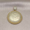 Dije Religioso 05.213.0138 Oro Laminado, Diseño de Moneda Centenario y Miami Cubana, con Zirconia Cubica Blanca y Micro Pave Blanca, Pulido, Tono Dorado