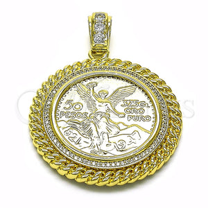 Dije Religioso 05.213.0138 Oro Laminado, Diseño de Moneda Centenario y Miami Cubana, con Zirconia Cubica Blanca y Micro Pave Blanca, Pulido, Tono Dorado