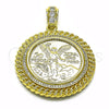 Dije Religioso 05.213.0138 Oro Laminado, Diseño de Moneda Centenario y Miami Cubana, con Zirconia Cubica Blanca y Micro Pave Blanca, Pulido, Tono Dorado