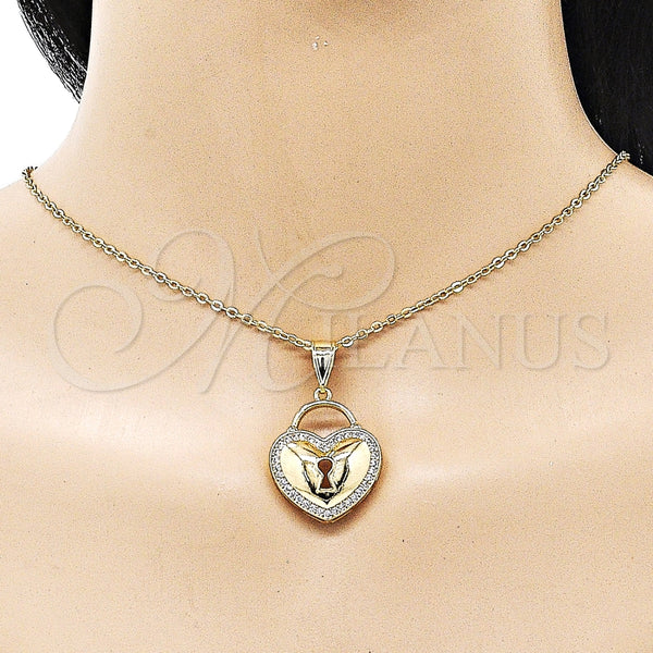 Dije Elegante 05.411.0022 Oro Laminado, Diseño de Corazón y Llave, con Blanca Micro Pave, Pulido, Tono Dorado