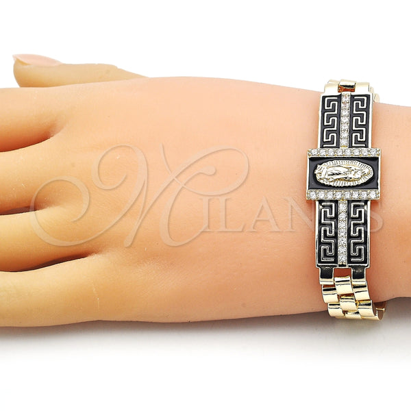 Pulsera Elegante 03.411.0011.08 Oro Laminado, Diseño de Guadalupe y Llave Griega, con Blanca Zirconia Cubica, Esmaltado Negro, Tono Dorado (12 MM Thickness, 8 Inches Length)