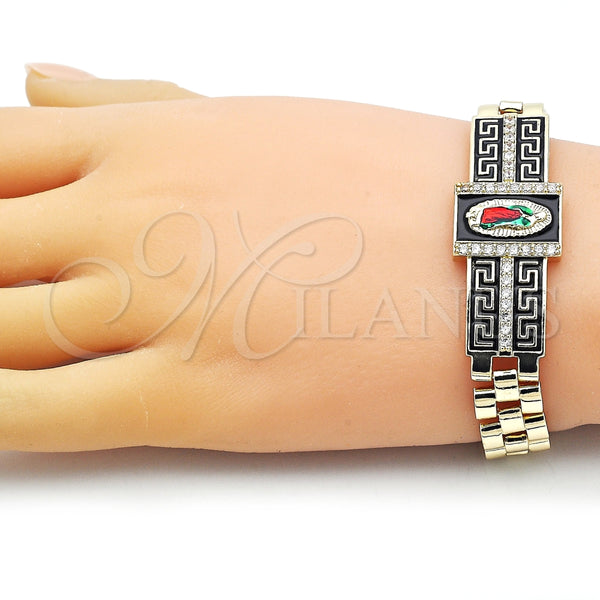 Pulsera Elegante 03.411.0011.1.08 Oro Laminado, Diseño de Guadalupe y Llave Griega, con Blanca Zirconia Cubica, Esmaltado Negro, Tres Tonos (12 MM Thickness, 8 Inches Length)