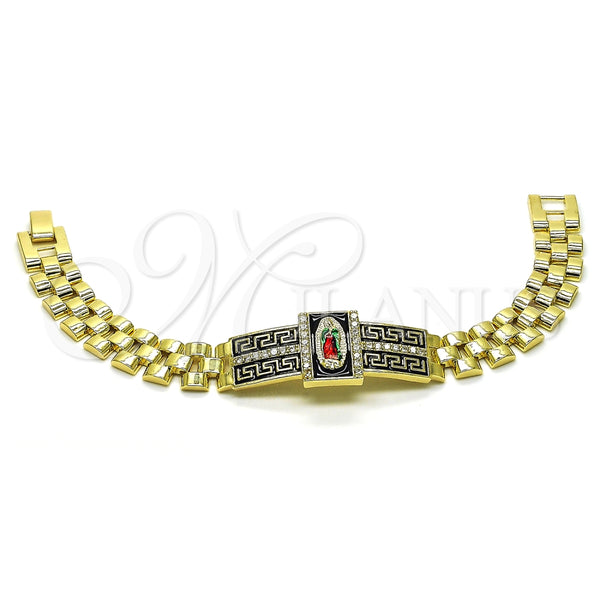 Pulsera Elegante 03.411.0011.1.08 Oro Laminado, Diseño de Guadalupe y Llave Griega, con Blanca Zirconia Cubica, Esmaltado Negro, Tres Tonos (12 MM Thickness, 8 Inches Length)