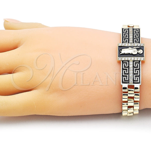 Pulsera Elegante 03.411.0012.08 Oro Laminado, Diseño de San Judas y Llave Griega, con Blanca Micro Pave, Esmaltado Negro, Tono Dorado (12 MM Thickness, 8 Inches Length)