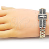 Pulsera Elegante 03.411.0012.08 Oro Laminado, Diseño de San Judas y Llave Griega, con Blanca Micro Pave, Esmaltado Negro, Tono Dorado (12 MM Thickness, 8 Inches Length)