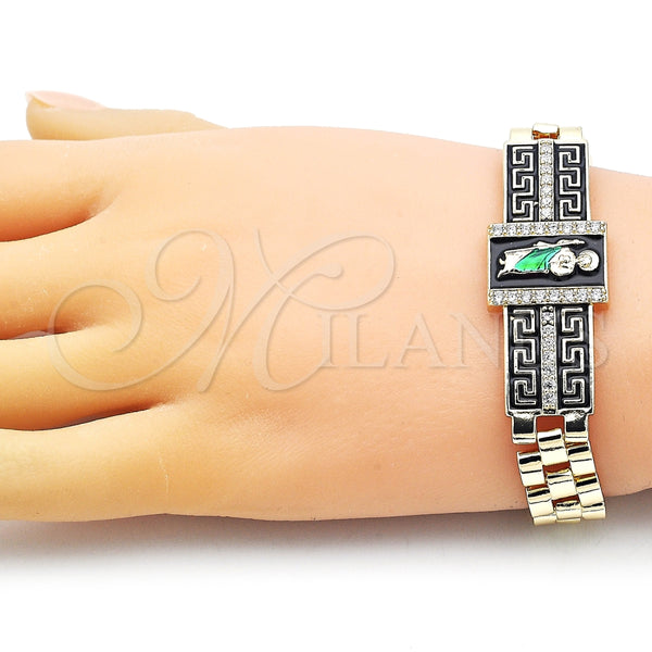 Pulsera Elegante 03.411.0012.1.08 Oro Laminado, Diseño de San Judas y Llave Griega, con Blanca Micro Pave, Esmaltado Negro, Dos Tonos (12 MM Thickness, 8 Inches Length)
