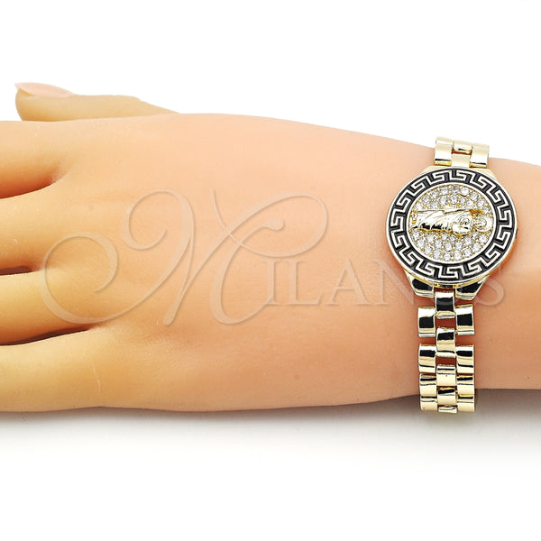 Pulsera Elegante 03.411.0014.07 Oro Laminado, Diseño de Guadalupe y Llave Griega, con Blanca Micro Pave, Esmaltado Negro, Tono Dorado (12 MM Thickness, 7 Inches Length)