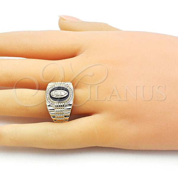 Anillo Multi Piedra 01.411.0001 Oro Laminado, Diseño de Guadalupe, con Blanca Micro Pave, Esmaltado Negro, Tono Dorado (One size fits all)