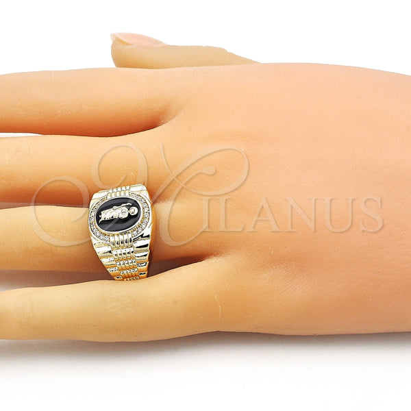 Anillo Multi Piedra 01.411.0002 Oro Laminado, Diseño de San Judas, con Blanca Micro Pave, Esmaltado Negro, Tono Dorado (One size fits all)