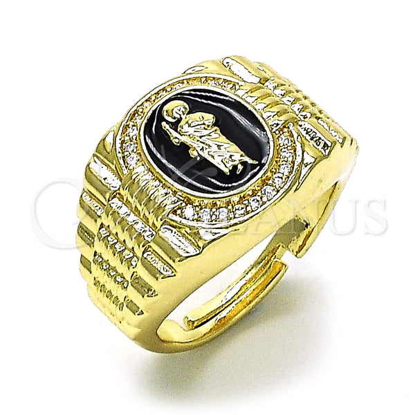 Anillo Multi Piedra 01.411.0002 Oro Laminado, Diseño de San Judas, con Blanca Micro Pave, Esmaltado Negro, Tono Dorado (One size fits all)