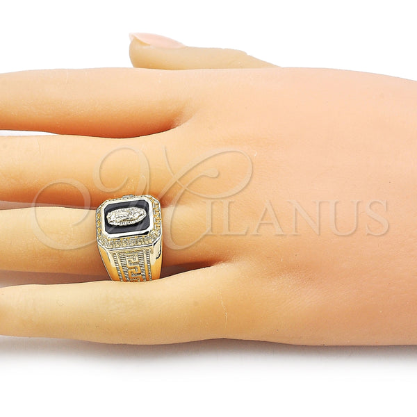 Anillo Elegante 01.411.0003 Oro Laminado, Diseño de Guadalupe y Llave Griega, Esmaltado Negro, Tono Dorado (One size fits all)