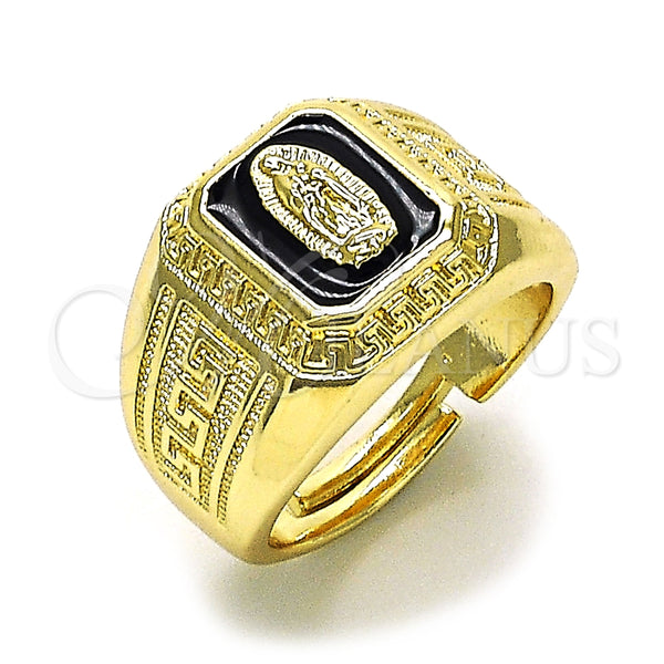Anillo Elegante 01.411.0003 Oro Laminado, Diseño de Guadalupe y Llave Griega, Esmaltado Negro, Tono Dorado (One size fits all)