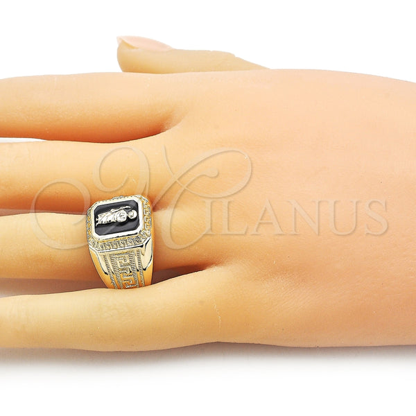 Anillo Elegante 01.411.0004 Oro Laminado, Diseño de San Judas y Llave Griega, Esmaltado Negro, Tono Dorado (One size fits all)