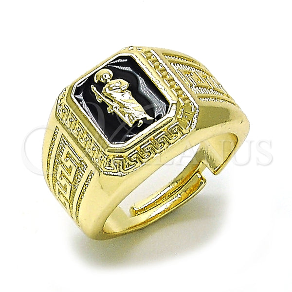 Anillo Elegante 01.411.0004 Oro Laminado, Diseño de San Judas y Llave Griega, Esmaltado Negro, Tono Dorado (One size fits all)