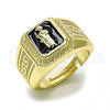 Anillo Elegante 01.411.0004 Oro Laminado, Diseño de San Judas y Llave Griega, Esmaltado Negro, Tono Dorado (One size fits all)