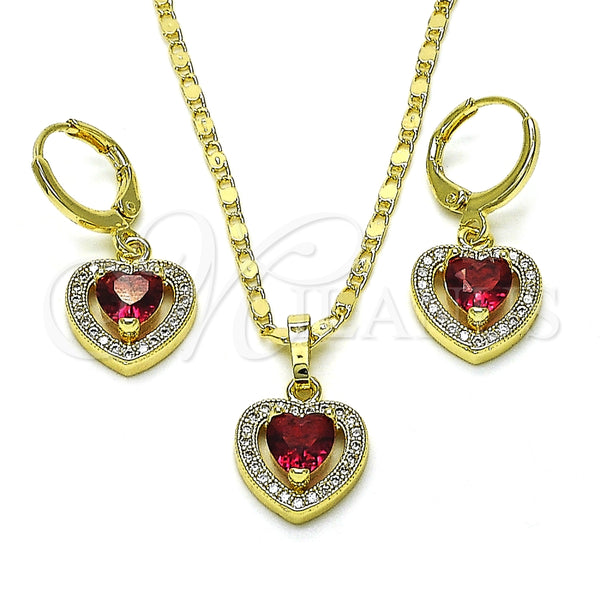 Juego de Arete y Dije de Adulto 10.196.0141.1 Oro Laminado, Diseño de Corazón y Cluster, con Rubi Zirconia Cubica and Blanca Micro Pave, Pulido, Tono Dorado