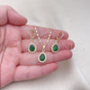 Juego de Arete y Dije de Adulto 10.196.0142 Oro Laminado, Diseño de Gota y Cluster, con Verde Zirconia Cubica and Blanca Micro Pave, Pulido, Tono Dorado