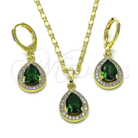 Juego de Arete y Dije de Adulto 10.196.0142 Oro Laminado, Diseño de Gota y Cluster, con Verde Zirconia Cubica and Blanca Micro Pave, Pulido, Tono Dorado