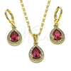 Juego de Arete y Dije de Adulto 10.196.0142.1 Oro Laminado, Diseño de Gota y Cluster, con Rubi Zirconia Cubica and Blanca Micro Pave, Pulido, Tono Dorado