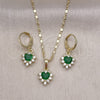 Juego de Arete y Dije de Adulto 10.196.0145 Oro Laminado, Diseño de Corazón y Cluster, con Verde and Blanca Zirconia Cubica, Pulido, Tono Dorado